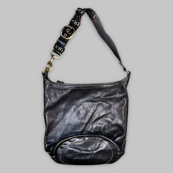 Vintage Coach Black Leather Hobo Shoulder Bag with Brass Hardware - Picture 2 of 7